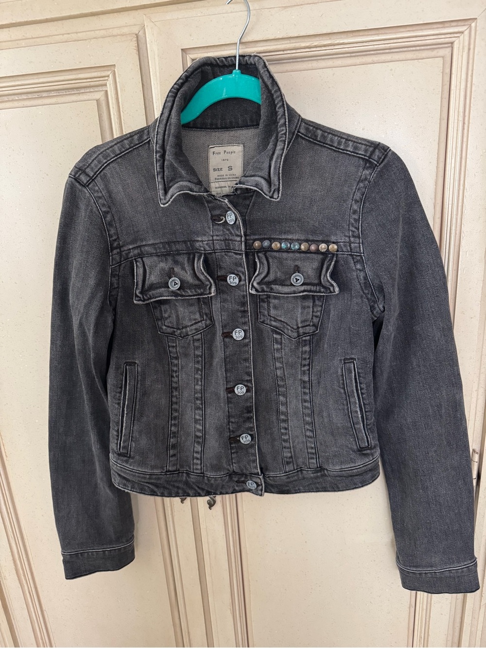 Free People Charcoal Black Denim Jacket with Stud Accent